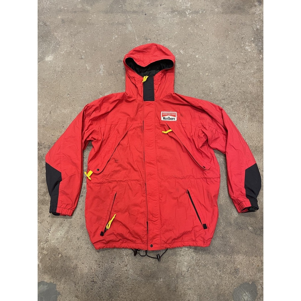 Vintage Marlboro‎ Adventure Team Jacket Mens Large Red Nylon Hooded Parka 90s